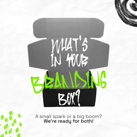 Social post: an open box with the hand-drawn headline What's in your branding box?, in black and green.