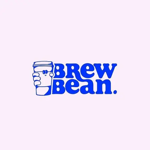 Brew Bean logo: a blue coffee cup character beside the words Brew Bean, on pale pink.