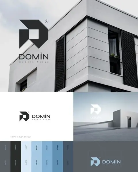 Domin brand board: an angular D monogram on architectural photography with a cool blue and gray palette.