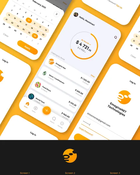 Finance app design: yellow and white screens showing a log-in, a circular balance chart with transactions, and a date filter calendar.