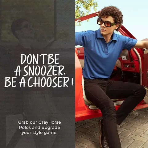 GrayHorse social post: a man in a blue polo beside a red car, with the line Don't be a snoozer, be a chooser.