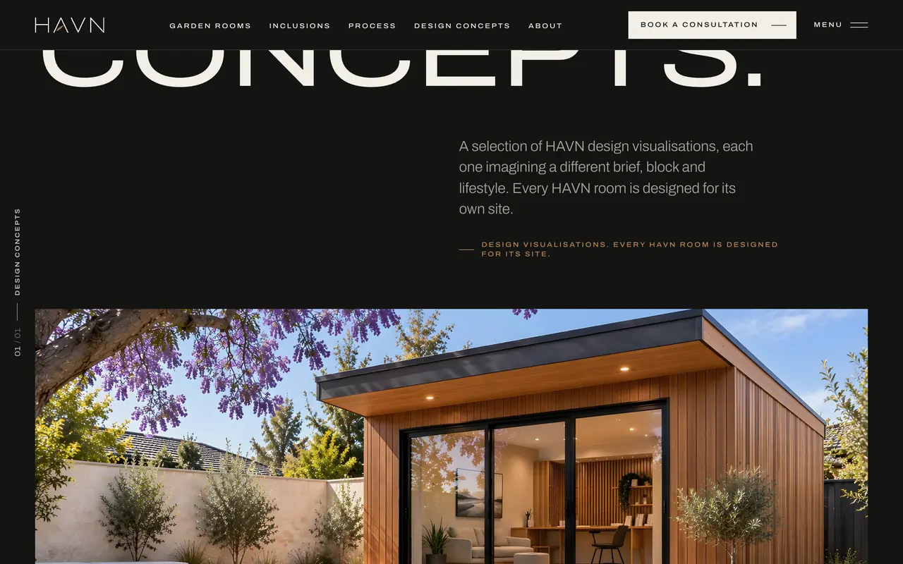 HAVN Studios design concepts page with a gallery of garden room visualizations.
