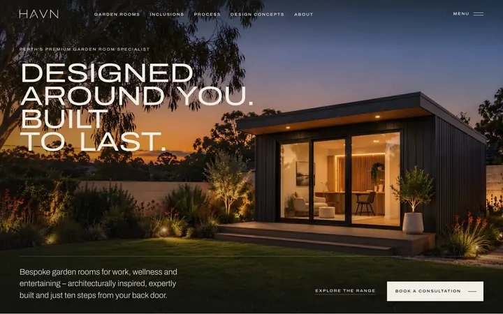 HAVN Studios homepage: a garden room at dusk with the headline Designed around you, built to last.