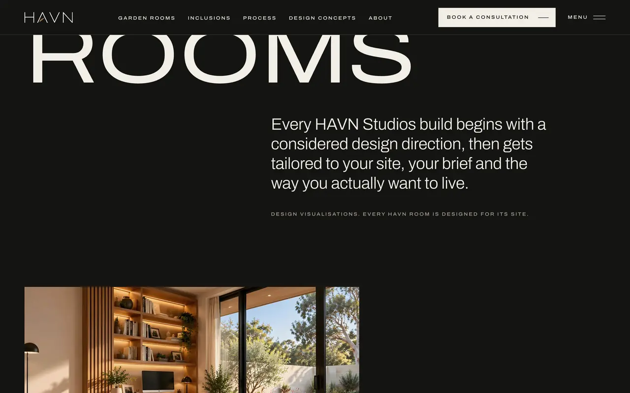 HAVN Studios garden rooms page with interior photography of a studio room.