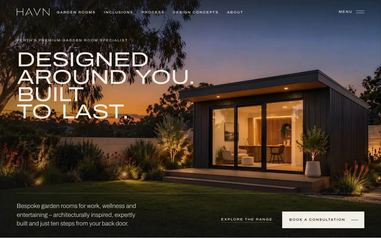 HAVN Studios homepage: a garden room at dusk with the headline Designed around you, built to last.