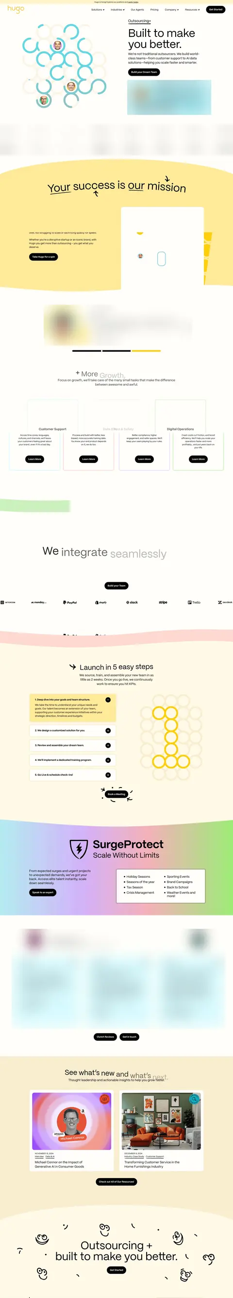 Hugo website: a cream homepage headed Built to make you better, with a pattern of teal rings, service cards, a five-step process and a pastel gradient banner.