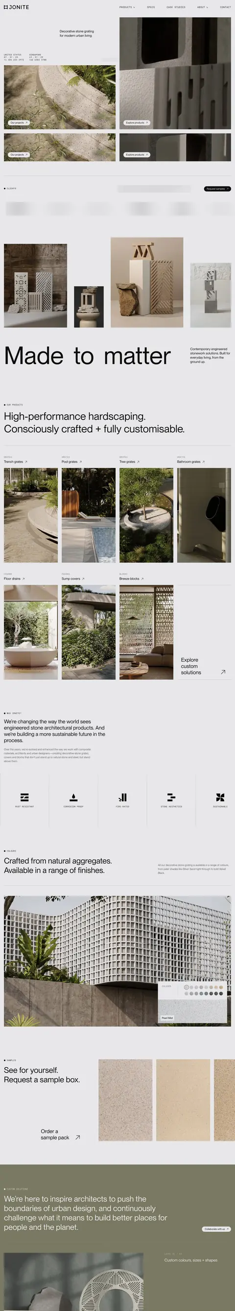 Jonite website: a light gray, architectural layout with close-up photos of stone grating, a product grid of trench, pool and tree grates, and a sample box offer.