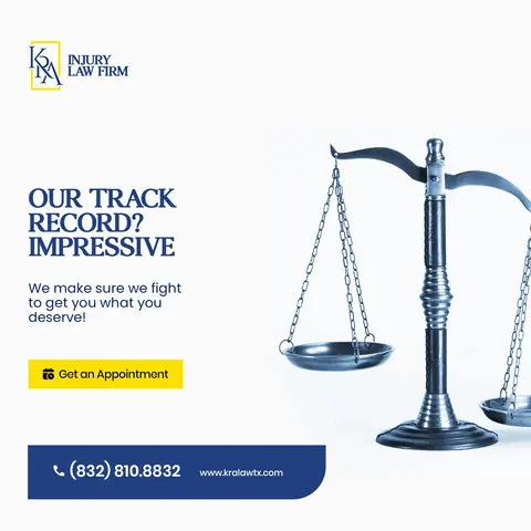 KRA Injury Law Firm social post: scales of justice beside an appointment call to action, on white and navy.