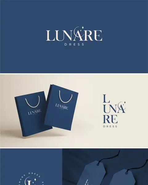 Lunare brand board: a serif LUNARE logotype in navy on shopping bags, swing tags and a storefront sign.