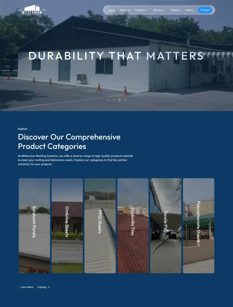 Millennium Roofing Systems website: a hero photo of a roofed building headed Durability that matters, above a row of product categories.