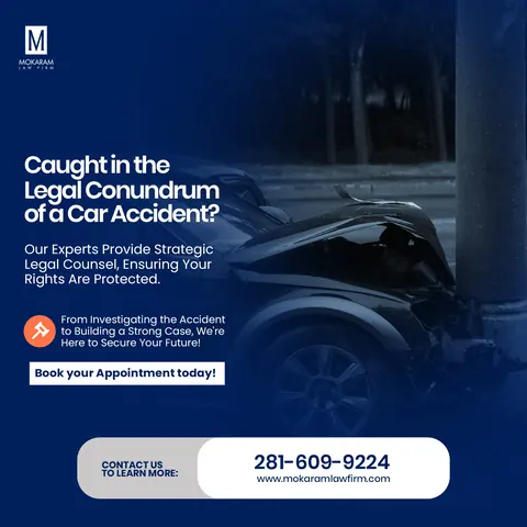 Mokaram Law Firm social post: a damaged car at night under the headline Caught in the legal conundrum of a car accident?