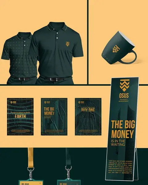 Osus brand board: deep green polo shirts with a gold mark, a mug, ID card lanyards and a series of posters.