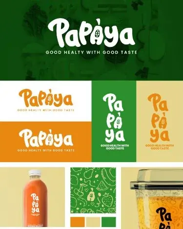 Papaya brand board: a playful orange and green logotype on juice bottles, signage and a fruit pattern.
