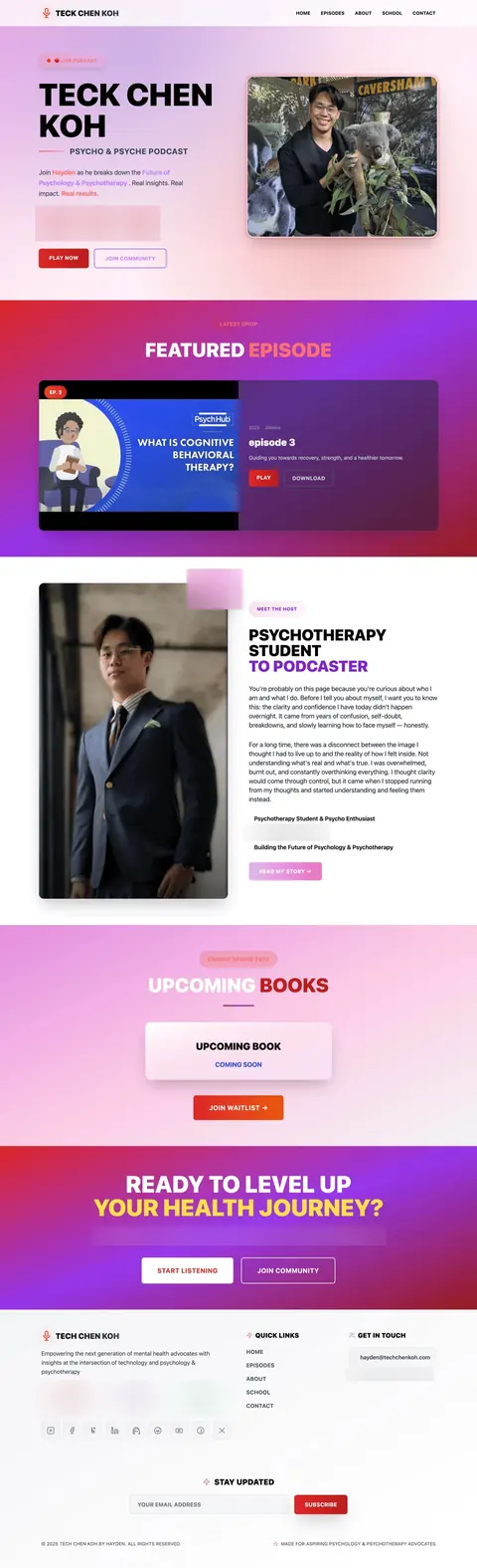 Teck Chen Koh website: a pink and purple personal brand page with podcast episodes, upcoming books and a newsletter sign-up.