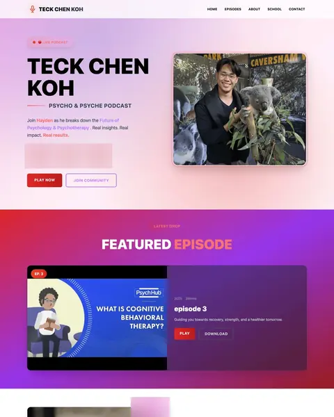 Teck Chen Koh website: a pink and purple personal brand page with podcast episodes, upcoming books and a newsletter sign-up.