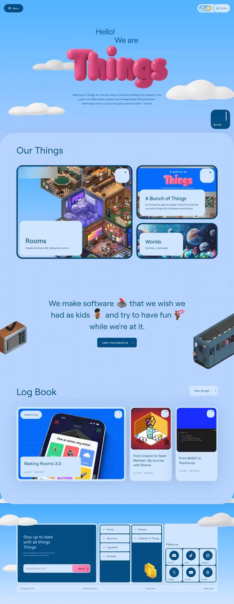 Things website: a sky-blue homepage with a puffy pink 3D wordmark among clouds, cards for its apps, a log book of posts and a newsletter footer.