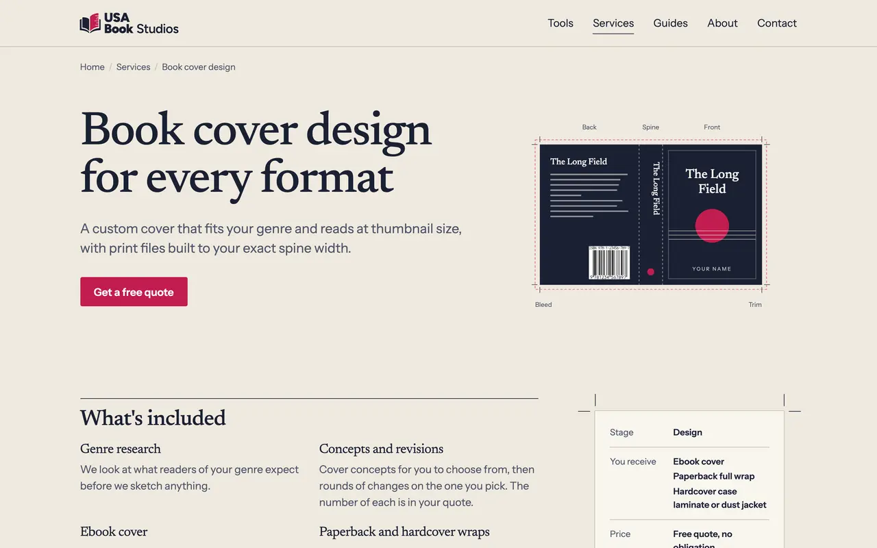 USA Book Studios book cover design page with a full cover wrap diagram.