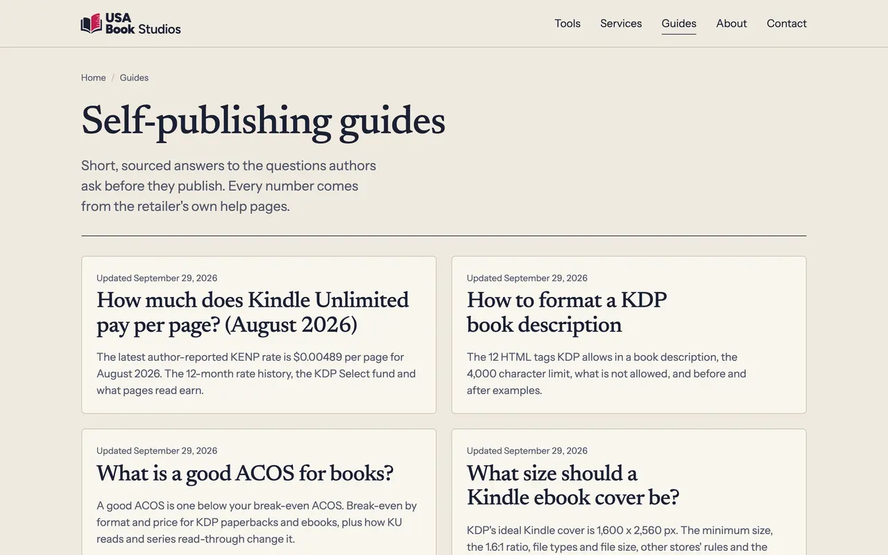 USA Book Studios guides index with self-publishing articles laid out as cards.