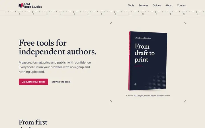 USA Book Studios homepage: Free tools for independent authors, beside an illustrated book cover.