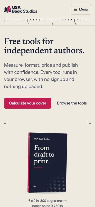 USA Book Studios homepage on a phone.