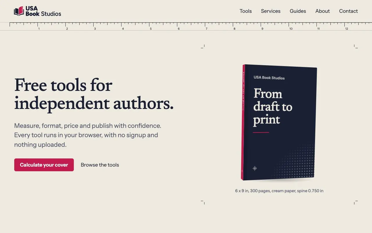 USA Book Studios homepage: Free tools for independent authors, beside an illustrated book cover.
