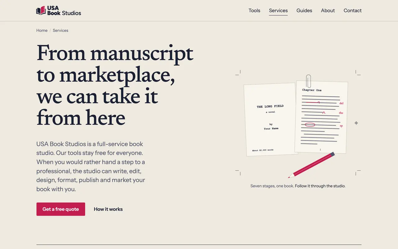 USA Book Studios services page headed From manuscript to marketplace, we can take it from here.