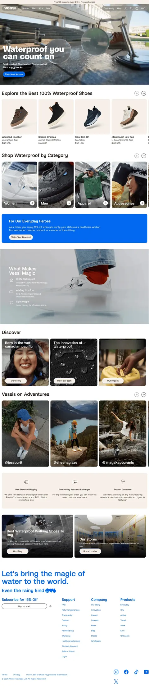 Vessi store homepage: a rainy street hero headed Waterproof you can count on, a row of sneakers, shop-by-category photos and an outdoor adventures gallery.