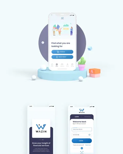 Wazin app design: onboarding and sign-in screens in navy and blue, on a pale stage.