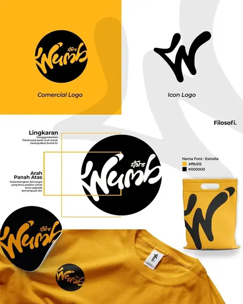 Wumb brand board: a hand-lettered black and yellow wordmark, a W icon logo, its construction notes, a tote bag and a yellow T-shirt.